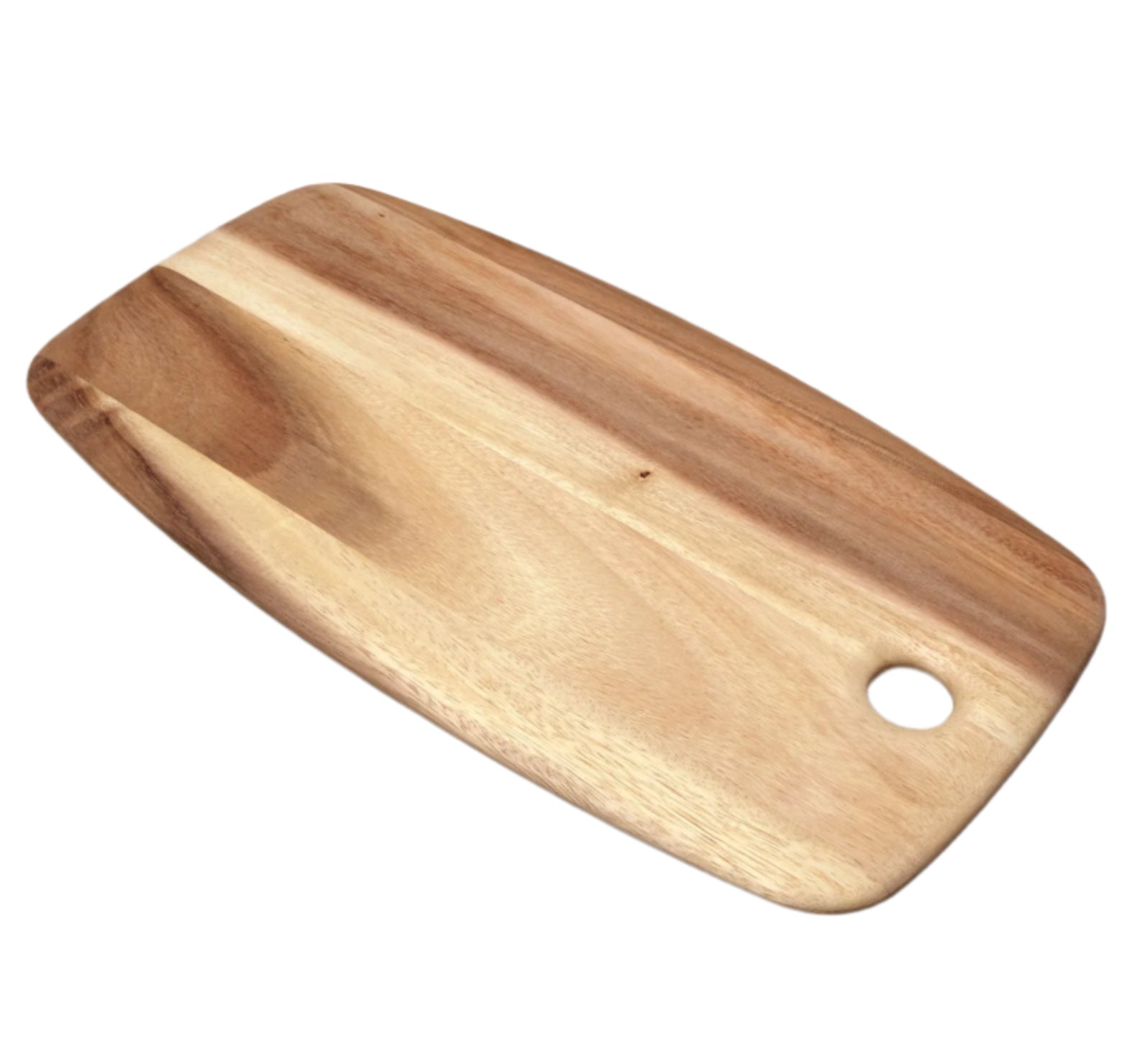 The Be Home Acacia Wood Rectangular Board from Be Home, boasting a natural grain pattern and rounded corners with a small round hole, is sustainably sourced. This piece elegantly complements handcrafted cheese sets with its functionality.