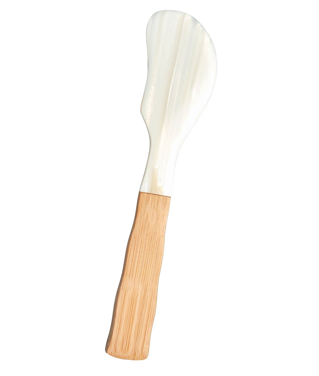 The Be Home Shell and Bamboo Serving Collection features an ethically crafted spreader knife with a light wooden handle and smooth white curved blade, showcasing organic beauty against a plain white background.
