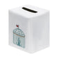 The Haute Home Beach Cabana Bath Collection white square linen tissue box cover is crafted from premium Italian linen and features an embroidered blue and white cabana design with a slot on top for tissues.