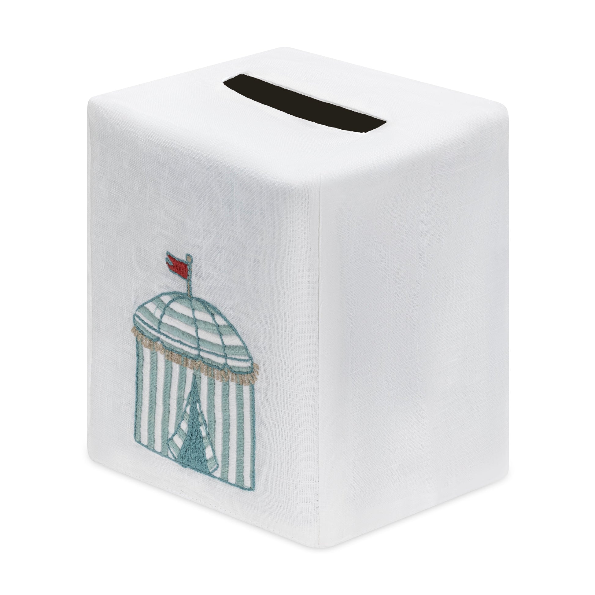 The Haute Home Beach Cabana Bath Collection white square linen tissue box cover is crafted from premium Italian linen and features an embroidered blue and white cabana design with a slot on top for tissues.