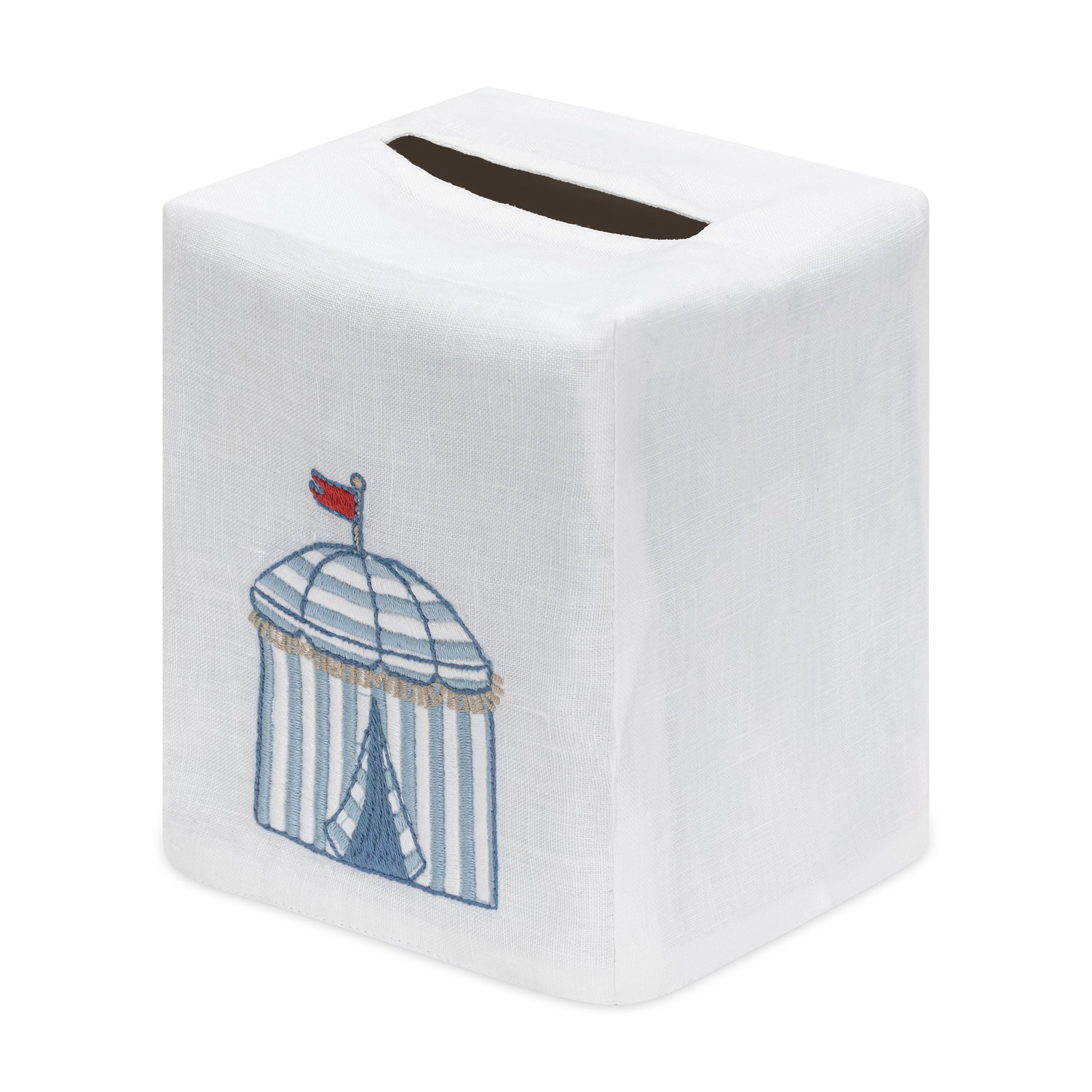 Haute Home’s Beach Cabana Bath Collection linen tissue box cover features an embroidered blue and white striped cabana with a red flag and a convenient slot at the top for tissues.