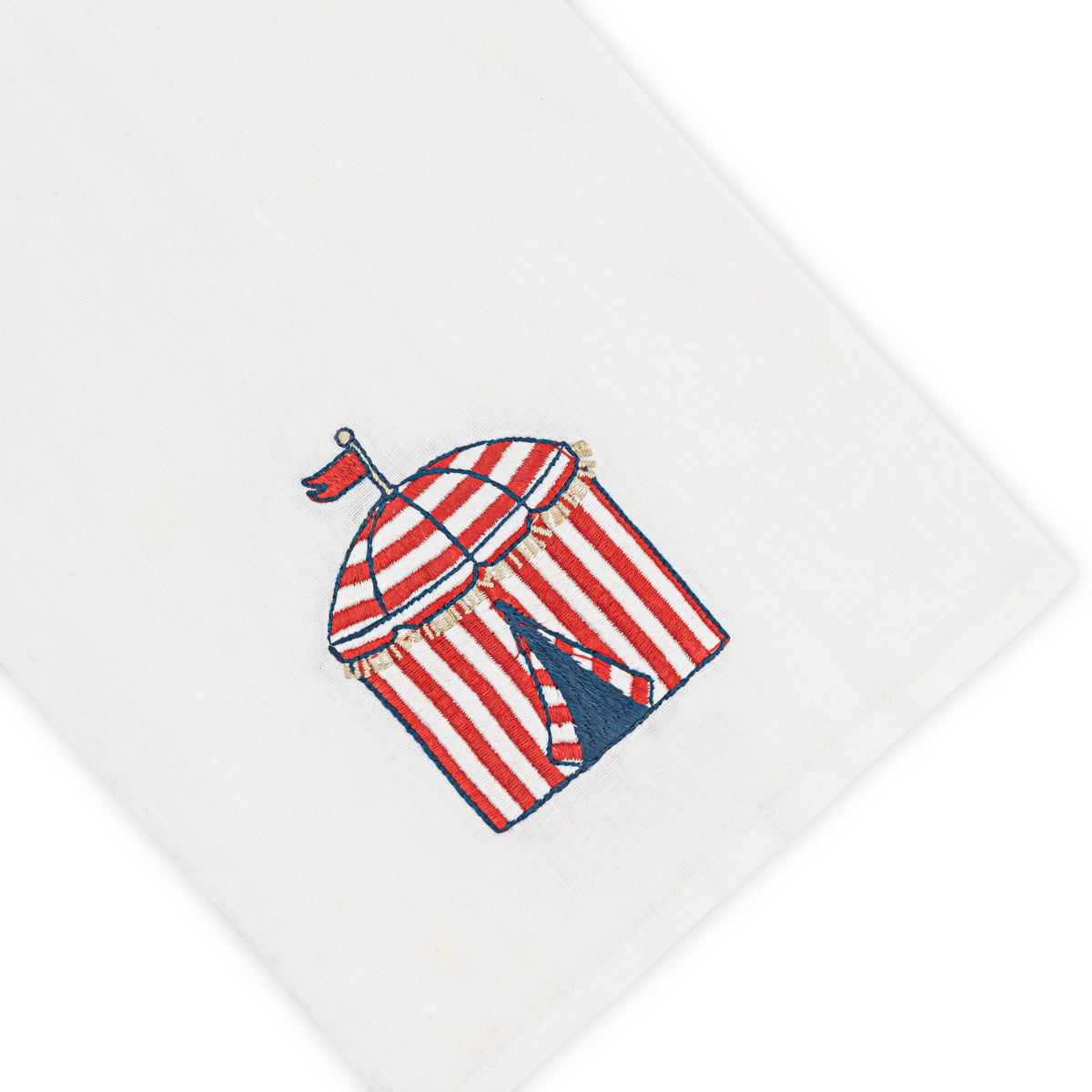 Introducing the Beach Cabana Bath Collection by Haute Home: a white premium linen tissue box cover adorned with an embroidered red and white striped cabana topped with a blue flag and a partially open entrance, adding charm to any space.