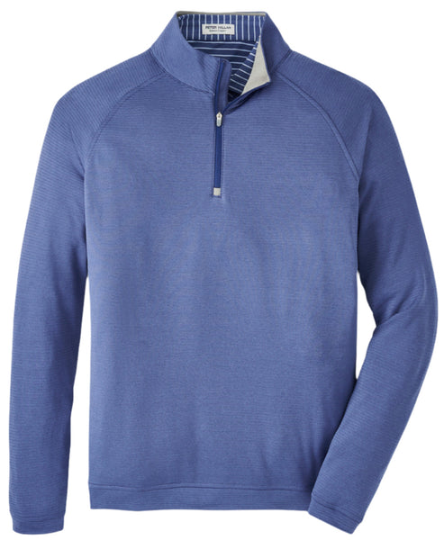 The Peter Millar Beaumont Performance Quarter-Zip is a long-sleeved, blue men's pullover made from a polyester spandex blend, featuring a quarter-zip design with a stand collar and striped inner lining, offering four-way stretch for maximum comfort. It is showcased against a plain background.