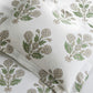 Dalila Bedding Collection by Matouk, featuring a white fitted sheet and pillow covered in a lively green and beige floral pattern inspired by Schumacher block print, crafted from soft Luca percale and viewed from above.