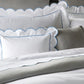 Neatly made bed with Matouk's Butterfield Bedding Collection in Ocean, featuring white pillowcases with blue trim, 500 thread count white sheets, and textured gray accent pillows and blanket.
