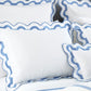 White pillows and bedding with blue scalloped trim from the Matouk Mirasol Bedding Collection are neatly arranged on a bed, crafted from luxurious 600 thread count Egyptian cotton percale.