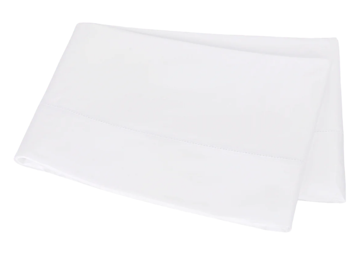 A folded pillowcase from the Matouk Bergamo Hemstitch Bedding Collection in white, made of Egyptian cotton percale with a hemstitch detail, is shown on a plain white background.