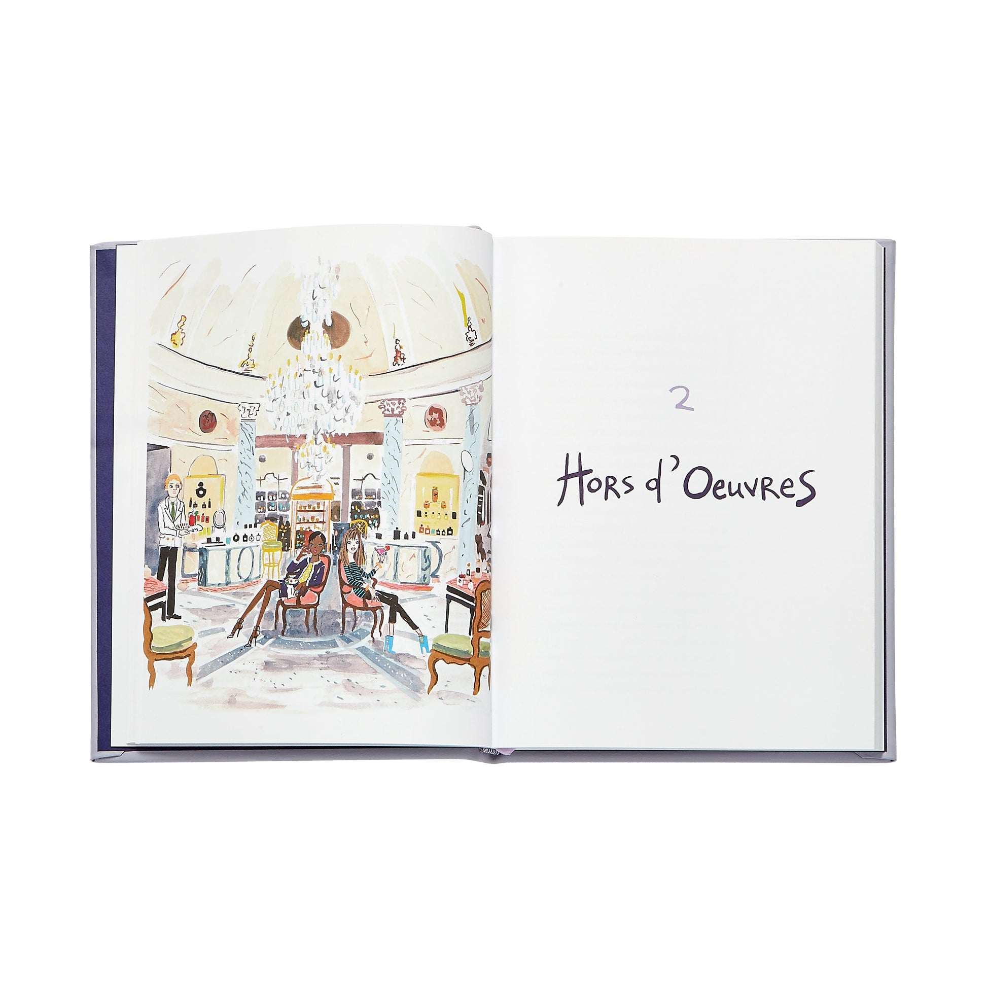 Open book with a stylish dining scene on the left and “2 Hors d’Oeuvres” on the right, capturing the luxury of Graphic Image’s The Bergdorf Goodman Cookbook, Leather Bound.