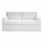 The Blair Apartment Sofa in Perennials Oyster Raffia by Lee Industries features two seats, square arms, a skirted base, and white upholstery, shown against a plain white background.