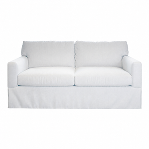 The Blair Apartment Sofa in Perennials Oyster Raffia by Lee Industries features two seats, square arms, a skirted base, and white upholstery, shown against a plain white background.