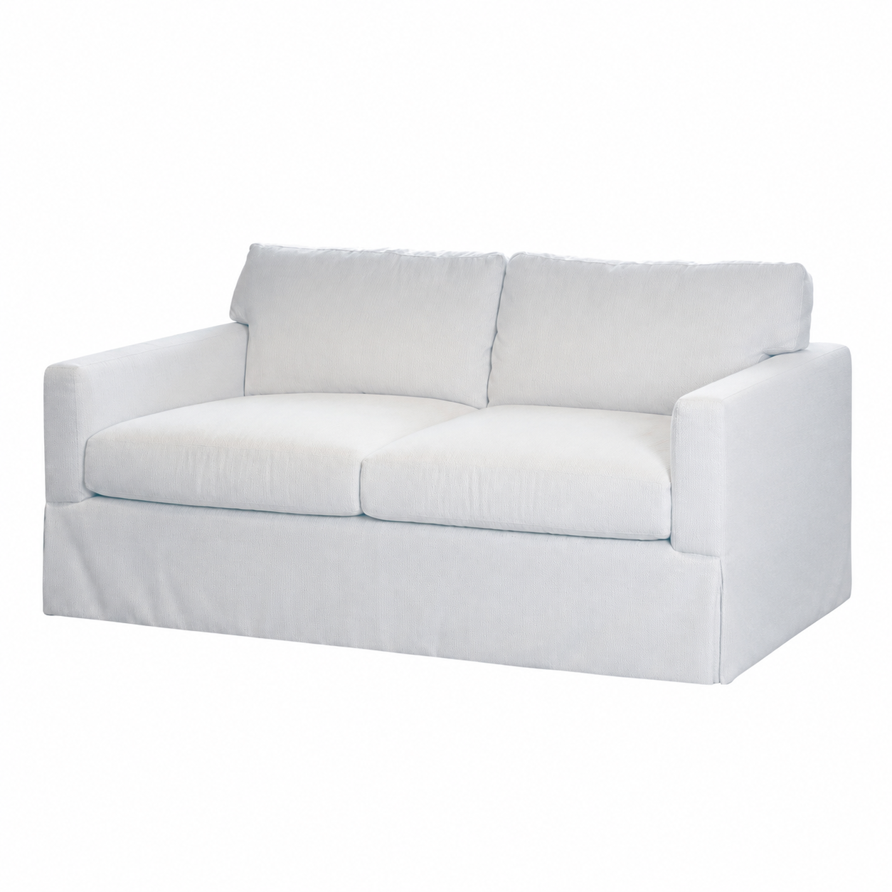 The Blair Apartment Sofa in Perennials Oyster Raffia by Lee Industries features a white, two-seat design with straight arms, square back cushions, and a skirted base. Set against a plain white background, it’s the perfect small living room sofa for those seeking both comfort and style.