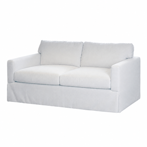 The Blair Apartment Sofa in Perennials Oyster Raffia by Lee Industries features a white, two-seat design with straight arms, square back cushions, and a skirted base. Set against a plain white background, it’s the perfect small living room sofa for those seeking both comfort and style.