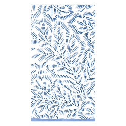 The Caspari Block Print Leaves Collection by Caspari features a rectangular blue and white abstract leaf towel with a solid blue border—pair with FSC-certified, eco-friendly napkins for a stylish, sustainable table setting.