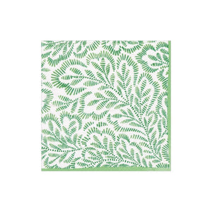 A square tile from Caspari's Block Print Leaves Collection, featuring a green leafy pattern with dotted lines on a white background.