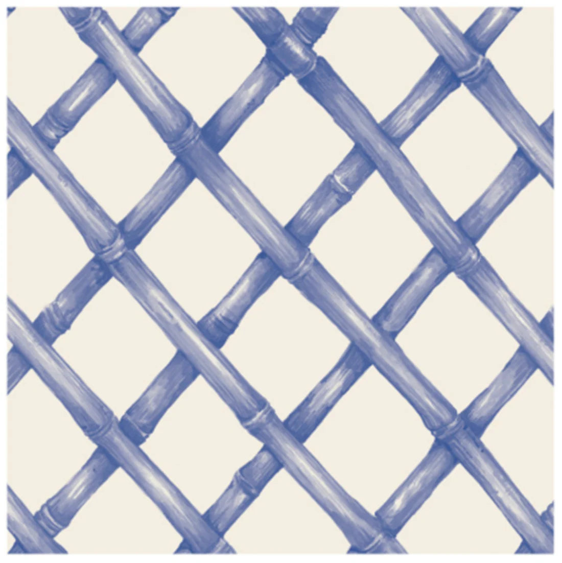The Lattice Napkin Collection by Hester & Cook features a blue bamboo lattice design on an off-white background, adding chic style to your tabletop—ideal for elegant cocktail napkins or placemats.