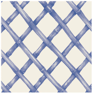 The Lattice Napkin Collection by Hester & Cook features a blue bamboo lattice design on an off-white background, adding chic style to your tabletop—ideal for elegant cocktail napkins or placemats.