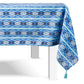 The Figue Diamond Ikat Clearwater Table Linen Collection features a blue and white geometric tablecloth with tasseled corners, ideal for adding vibrant style to any white rectangular table and pairing with your favorite napkin set.