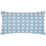 The Vedika Light Indigo Bolster Pillow by John Robshaw features a blue and white geometric woven design with interlocking lines on a white background, offering an architectural touch.