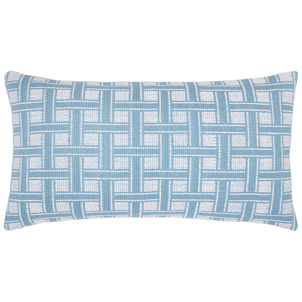 The Vedika Light Indigo Bolster Pillow by John Robshaw features a blue and white geometric woven design with interlocking lines on a white background, offering an architectural touch.