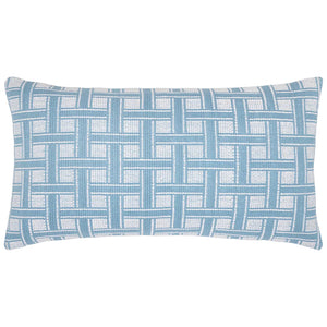 The Vedika Light Indigo Bolster Pillow by John Robshaw features a blue and white geometric woven design with interlocking lines on a white background, offering an architectural touch.