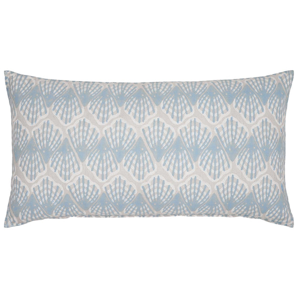 Rectangular John Robshaw Veeba Bolster Pillow with a blue seashell pattern, hand block printed on linen cotton.