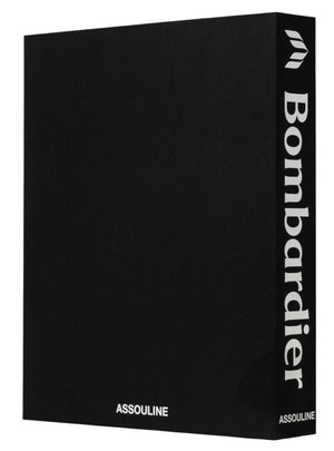 The product, "The Impossible Collection of Bombardier" by Assouline, is a black book that beautifully embodies the luxury and sophistication of private jet business aviation, featuring the name "Bombardier" elegantly inscribed vertically on one side and "ASSOULINE" at the bottom.