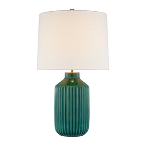 The Visual Comfort Braylen Medium Ribbed Table Lamp features a ribbed green ceramic base inspired by ceramic dinnerware and is topped with a large white linen shade, shown against a white background.