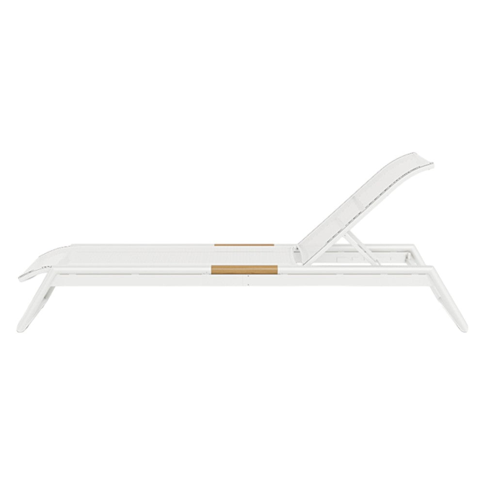The HARBOUR OUTDOOR Breeze Stacking Sun Lounge in white features teak accents, an all-weather Batyline sling mesh seat, and a slightly elevated backrest, shown in profile view.