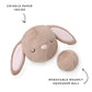 The Foggy Dog Easter Bunny 2-in-1 Bounce Dog Toy features a plush bunny with floppy ears, crinkle paper in the head, and a removable bouncy squeaker ball for added fun.