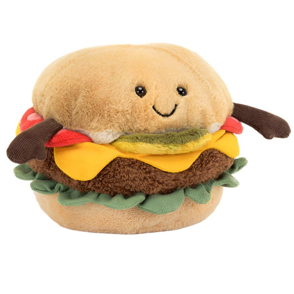 The Jellycat Amuseables Burger is a plush toy by Jellycat, designed to look like a hamburger with a smiling face. It features details such as lettuce, tomato, cheese, and a fuzzy burger patty.