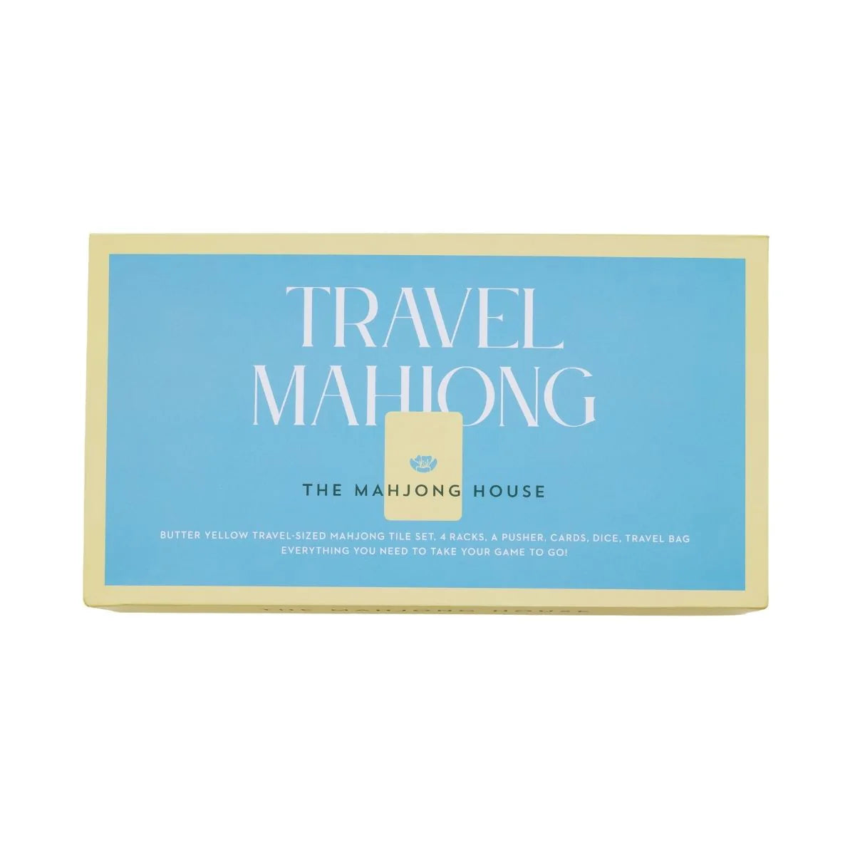 A rectangular box labeled "Travel Mahjong Set" by The Mahjong House features a blue background with yellow borders and white text, and contains lightweight tiles for the perfect portable mahjong set.
