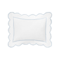 A white rectangular pillow from the Butterfield Bedding Collection by Matouk features scalloped edges and a blue border in luxurious 500 thread count Egyptian cotton percale, set against a black background.