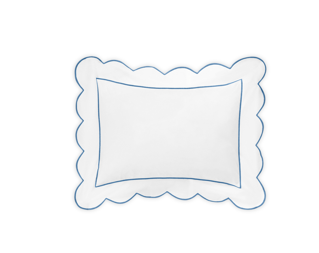 The Butterfield Bedding Collection, Ocean by Matouk features a rectangular white Egyptian cotton percale pillow with scallop detail and a thin blue border, displayed on a plain green background.