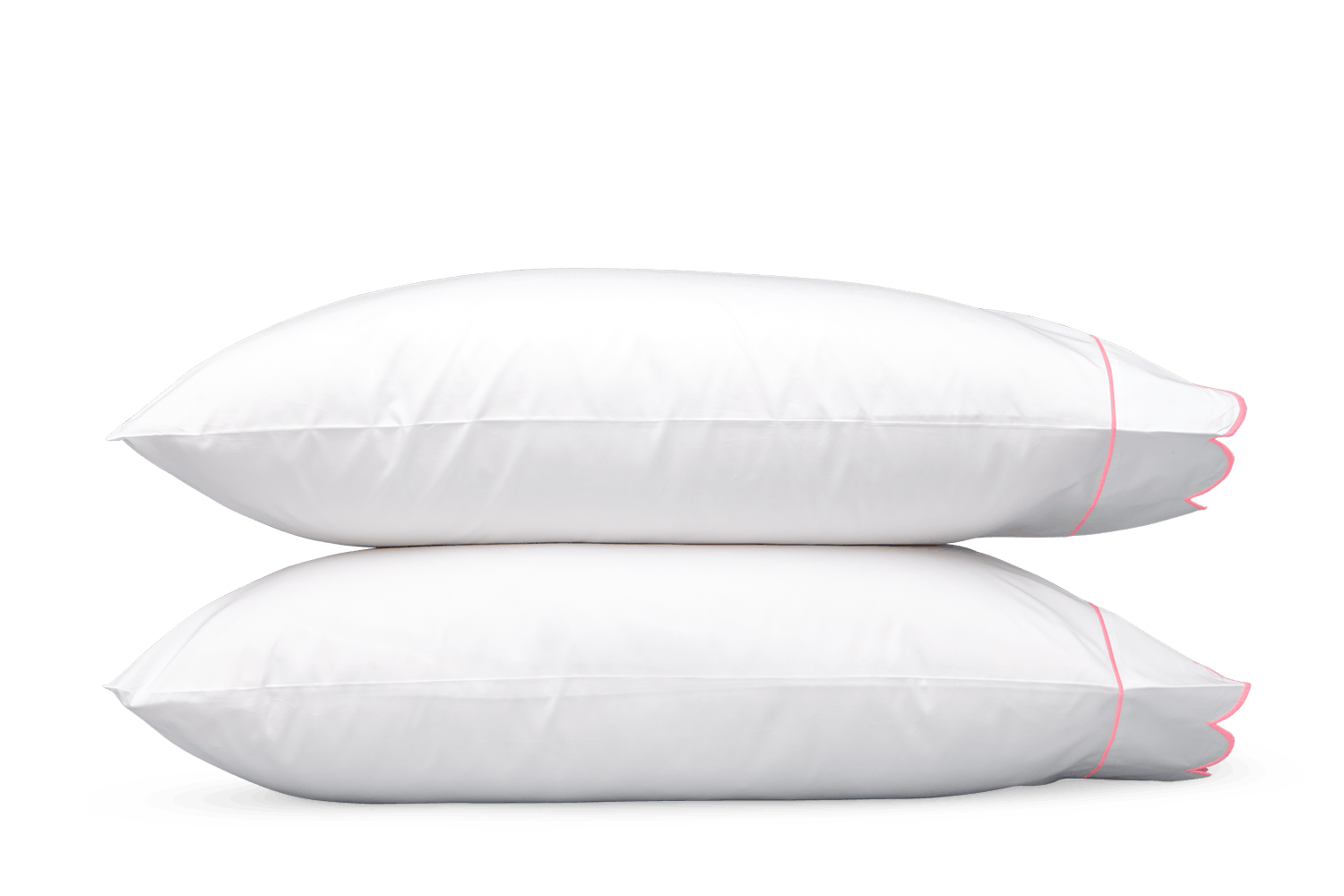 Two white pillows from the Matouk Butterfield Bedding Collection, Azalea, crafted from Egyptian cotton percale with a 500 thread count, are stacked against a plain background.