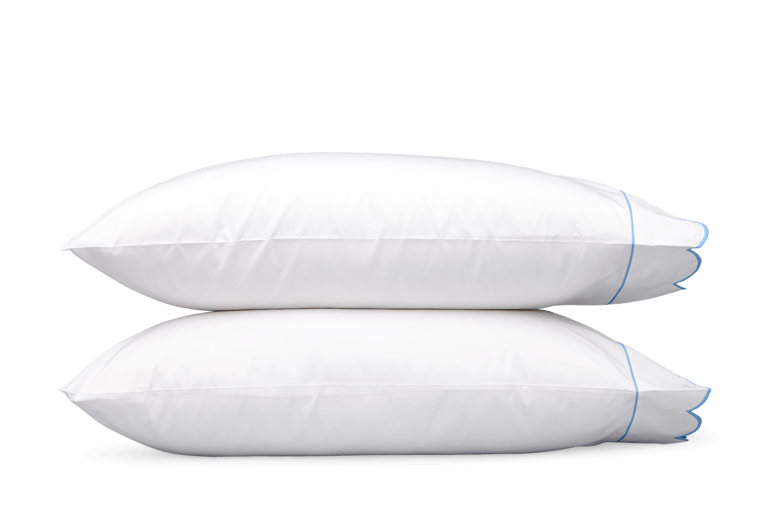 Two white Butterfield Bedding Collection, Ocean pillows by Matouk, featuring scallop detail and blue trim, are stacked on a plain background; they're crafted from luxurious Egyptian cotton percale.