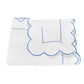 Folded white blanket from the Butterfield Bedding Collection by Matouk, featuring blue scalloped trim and linear blue detailing, crafted from luxurious Egyptian cotton sheets and displayed on a plain white background.