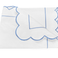 A folded white blanket from the Matouk Butterfield Bedding Collection, Ocean, featuring scalloped edges with blue trim is displayed on a plain background.