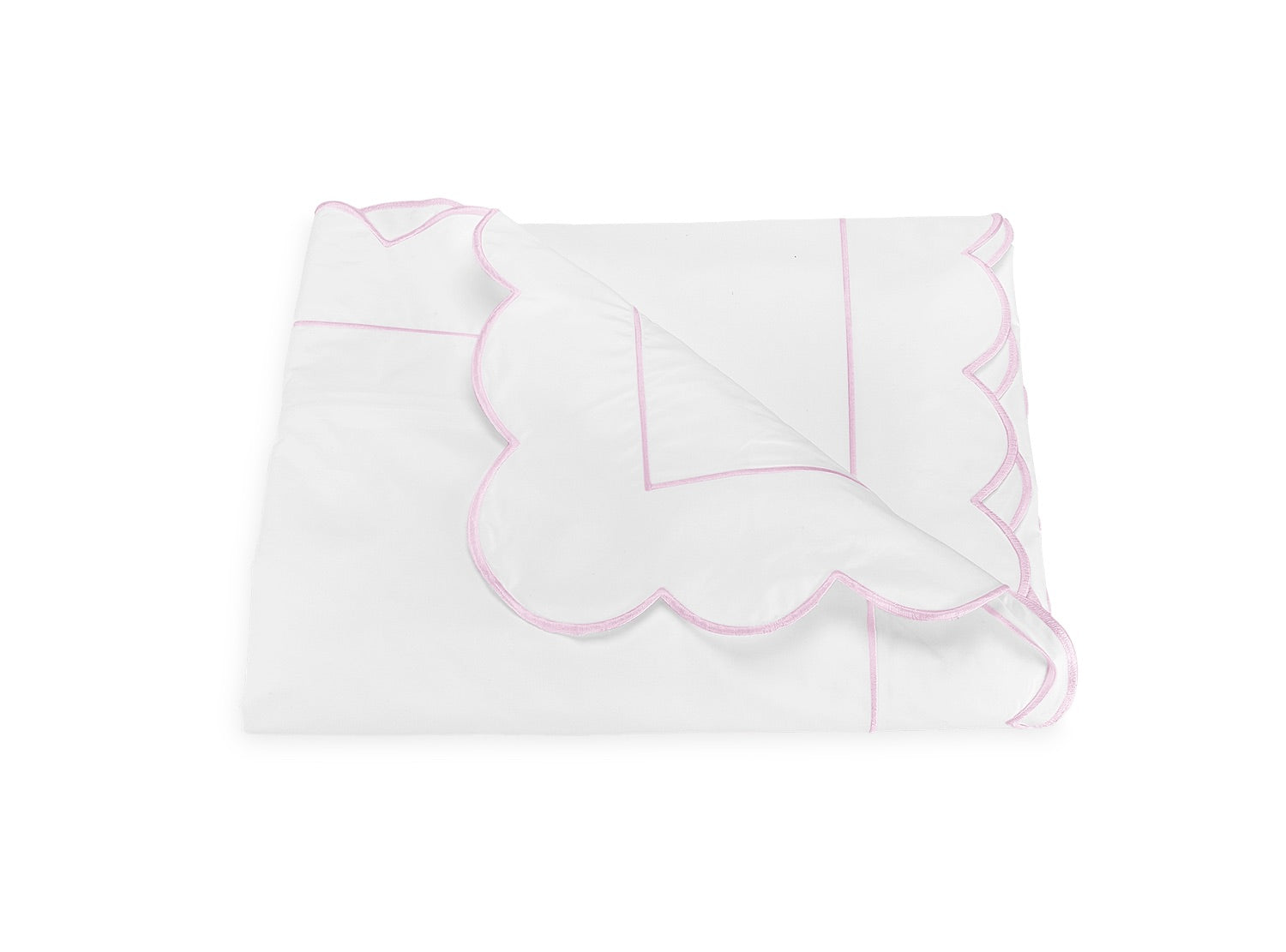 Butterfield Bedding Collection blanket by Matouk, featuring a crisp white design with delicate light pink scalloped edges and stitching, displayed against a plain white background.