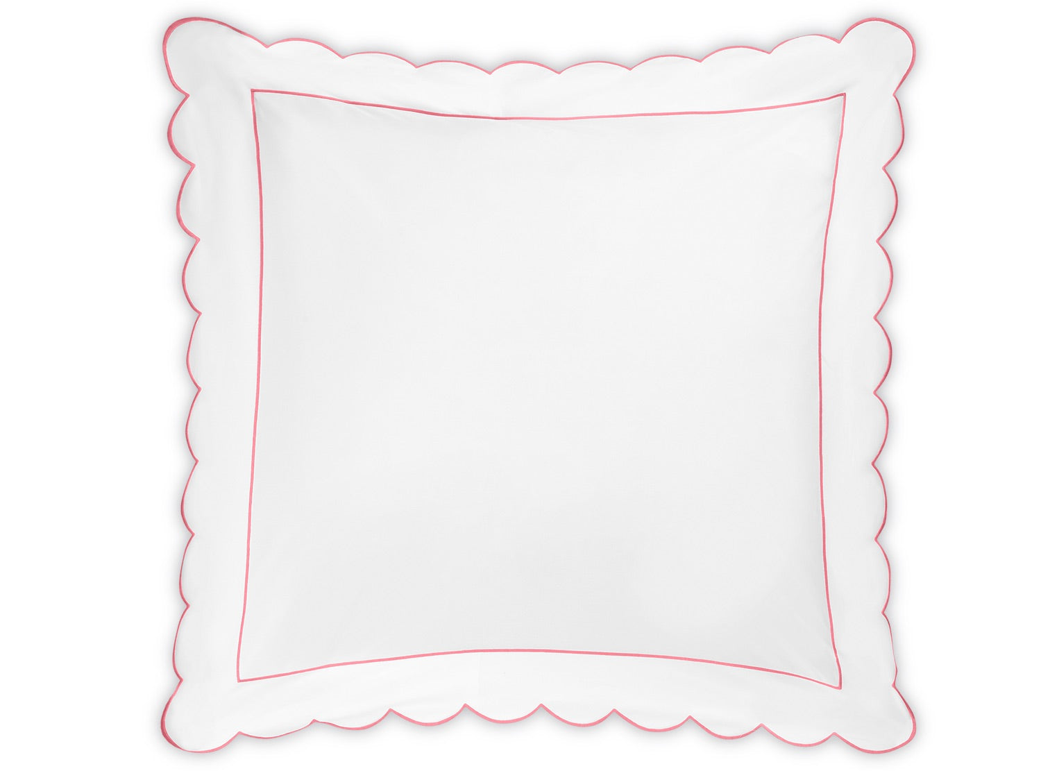 Butterfield Bedding Collection square pillow by Matouk, featuring crisp white fabric with scalloped edges and a delicate pink border reminiscent of luxurious Egyptian cotton sheet detailing, displayed from above against a white background.