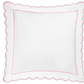 The Matouk Butterfield Bedding Collection, Azalea, showcases a square white pillow in 500 thread count Egyptian cotton percale with scalloped edges outlined in dark gray and a thin red border, shown on a plain background.