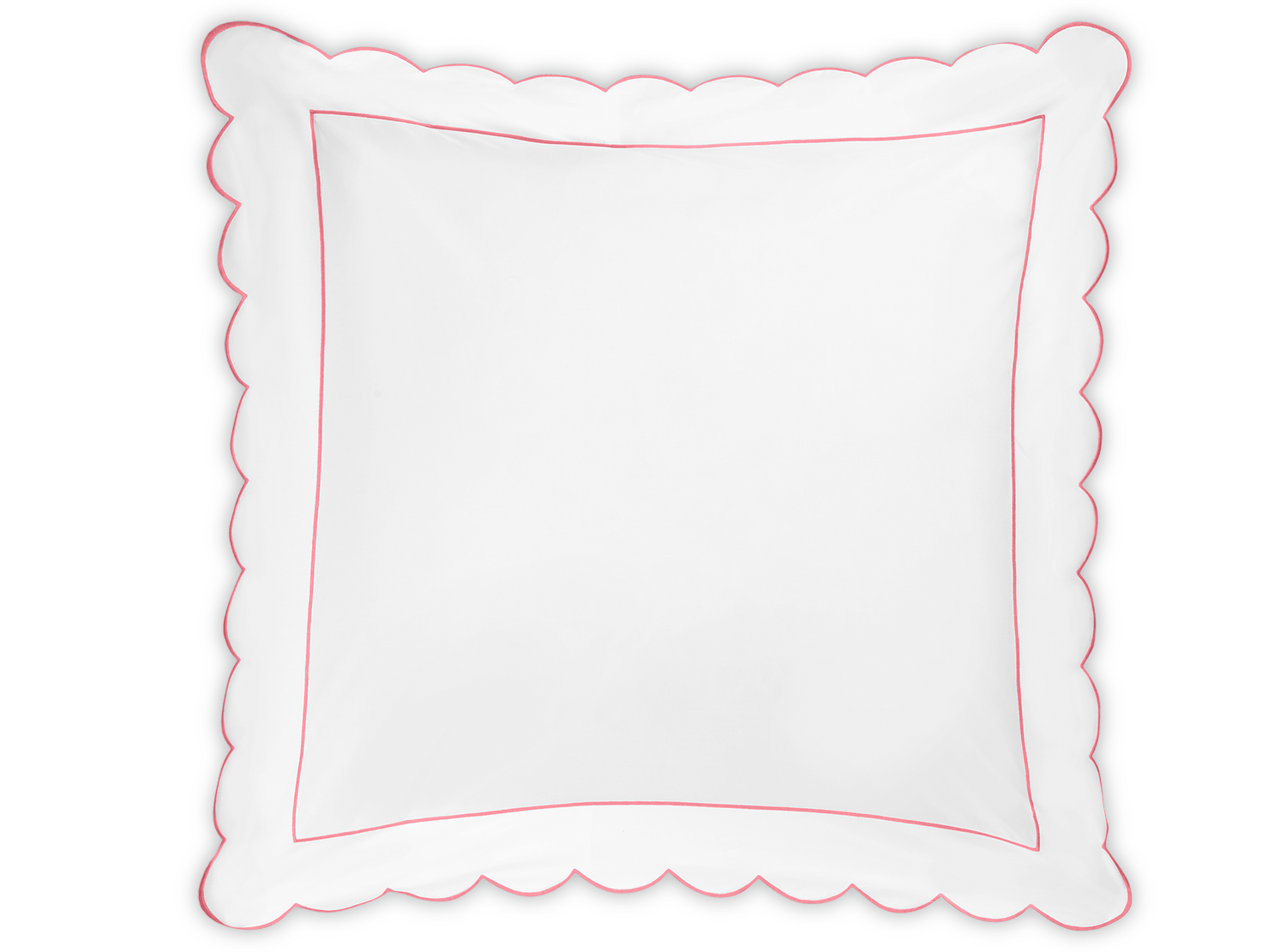 The Matouk Butterfield Bedding Collection, Azalea, showcases a square white pillow in 500 thread count Egyptian cotton percale with scalloped edges outlined in dark gray and a thin red border, shown on a plain background.
