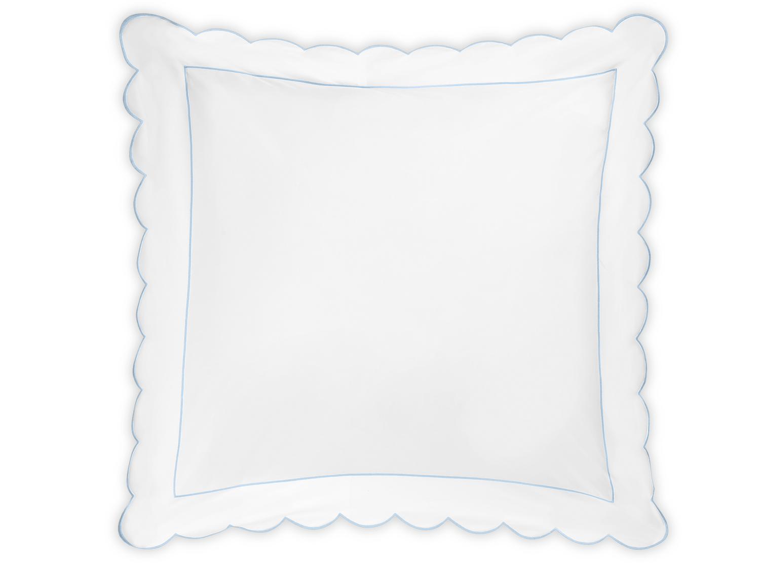 The Butterfield Bedding Collection, Blue by Matouk features a square white Egyptian cotton percale pillow with scalloped black edges and a subtle blue border, shown against a plain background.