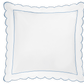The Matouk Butterfield Bedding Collection, Ocean, features a square white Egyptian cotton percale pillow with dark blue scallop detail and a thin blue inner border, shown from above on a plain background.