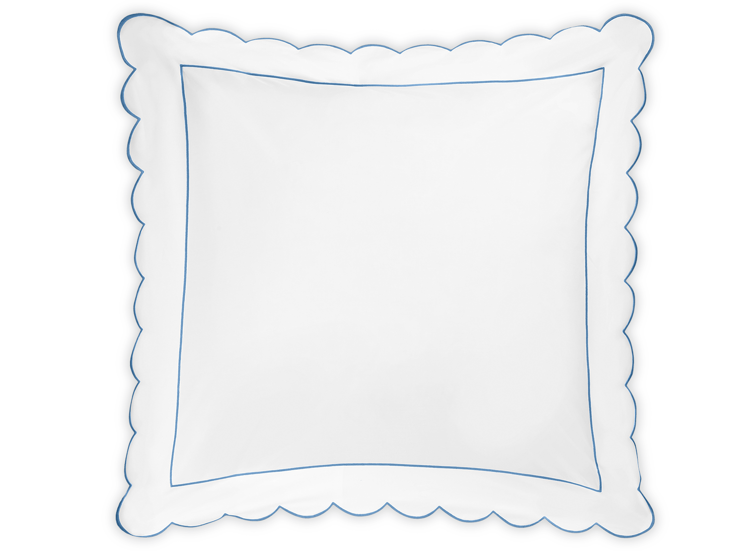 The Matouk Butterfield Bedding Collection, Ocean, features a square white Egyptian cotton percale pillow with dark blue scallop detail and a thin blue inner border, shown from above on a plain background.