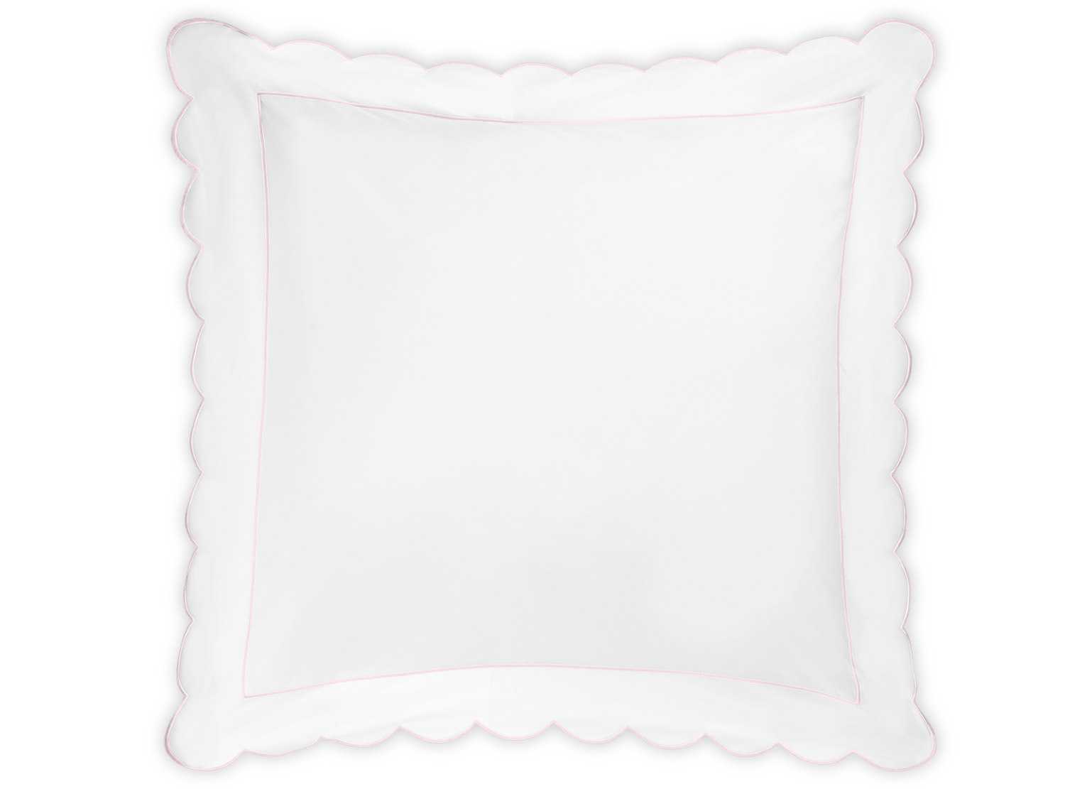 The Matouk Butterfield Bedding Collection, Pink, features a square white Egyptian cotton percale pillow with scalloped dark gray edges and a thin pink border inside the trim.