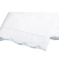 A folded white bedsheet from the Matouk Butterfield Bedding Collection, featuring scallop detailing and light blue trim, crafted from smooth percale sheeting and shown on a plain white background.