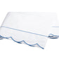 The Butterfield Bedding Collection by Matouk features a white folded bedsheet with elegant scallop detailing and light blue trim, crafted from luxurious Egyptian cotton and displayed on a plain white background.