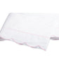 Folded white percale sheeting from the Matouk Butterfield Bedding Collection, featuring a scalloped pink trim along one edge, displayed on a plain white background.