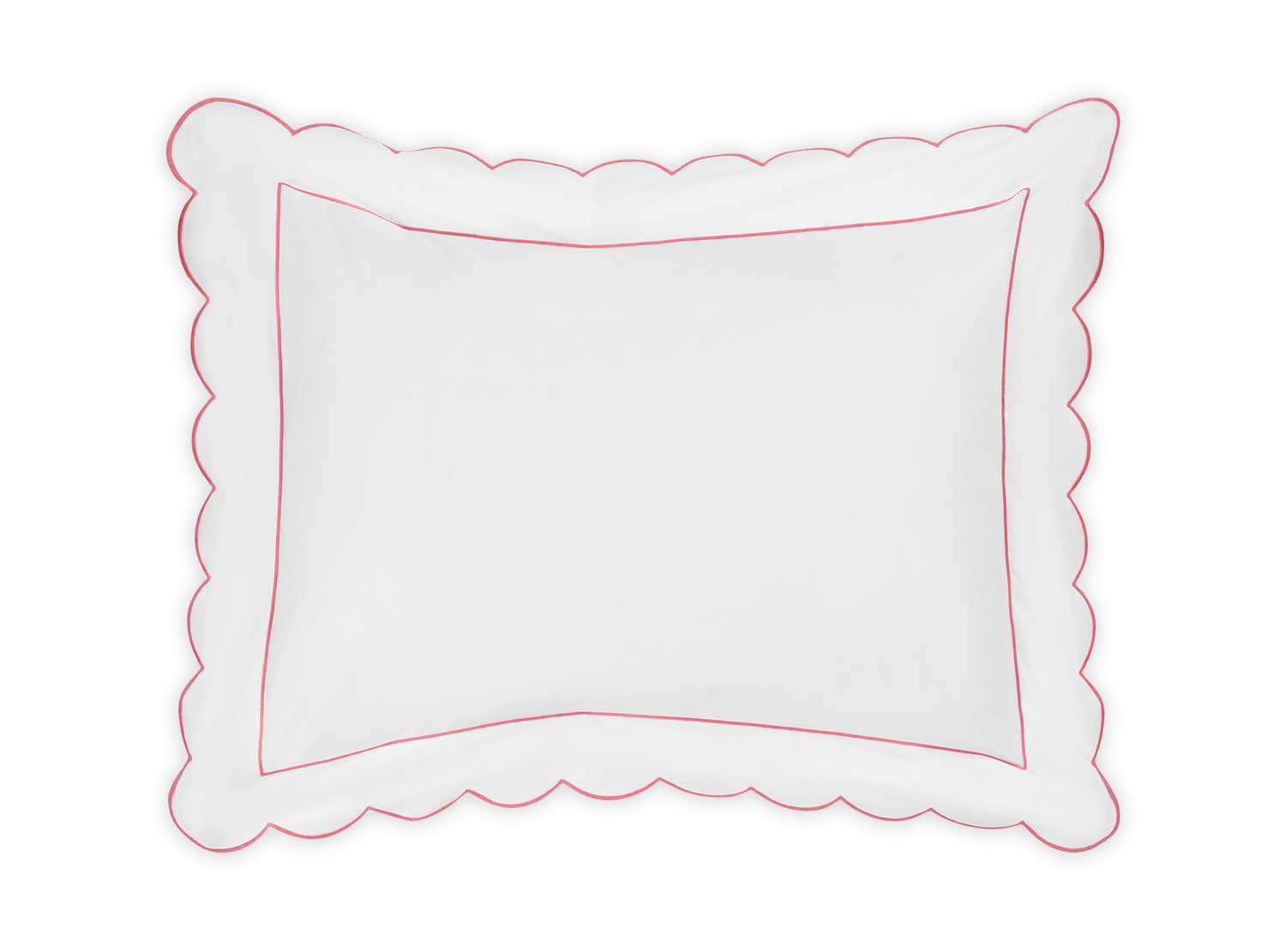 The Matouk Butterfield Bedding Collection, Azalea, features a white pillow with scalloped edges and a slim red border, made from 500 thread count Egyptian cotton percale, displayed on a transparent background.