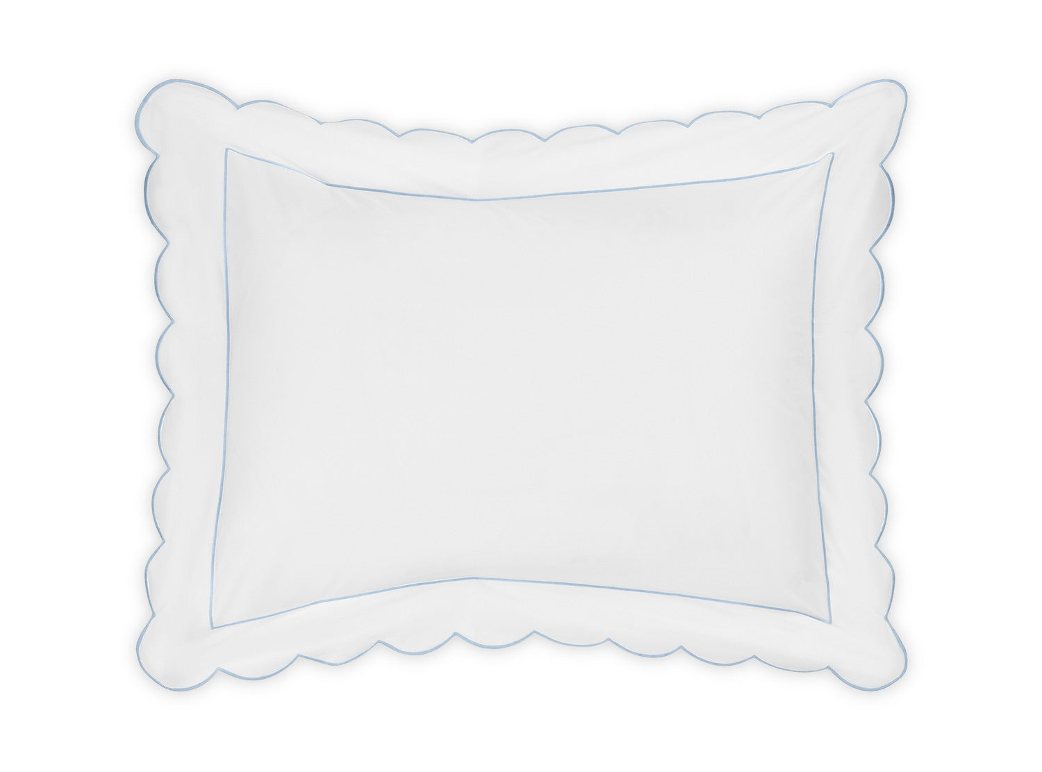 The Butterfield Bedding Collection by Matouk features a white rectangular pillow with scalloped edges and a thin light blue trim, displayed on a plain white background—an ideal complement to Egyptian cotton sheets and other fine percale sheeting, with its delicate scallop detail adding an elegant touch.